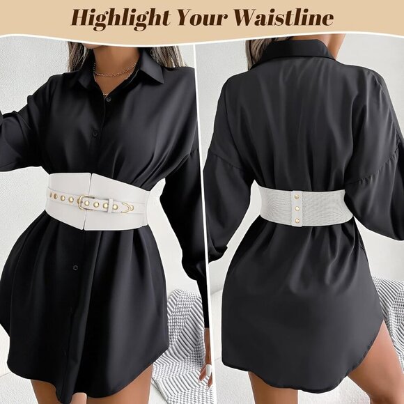 Women Elastic Chunky Stretchy Elegance Belt with Gold Rivets Buckle Daily White main image 6